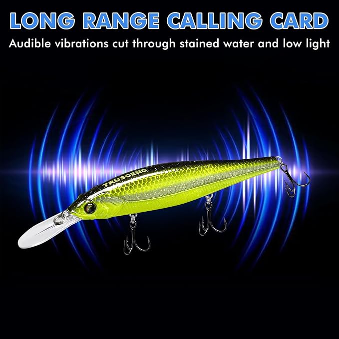 TRUSCEND Suspending Jerkbait, Rattle Minnow Lures with BKK Hooks, Freshwater Bass Trout Striper Walleye Pike Fishing Lures, Variety Pack for All Water Conditions, Premium Fishing Gear and Gifts