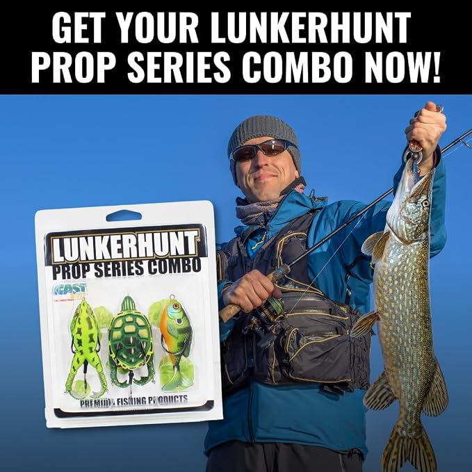 LUNKERHUNT Topwater Fishing Lures Kit (3-Pack) for Bass, Trout | 1 Turtle Lure, 1 Frog Lure, 1 Sunfish Prop Lure | Freshwater Fishing Bait for Pike, Soft Hollow Body, Weedless Hooks