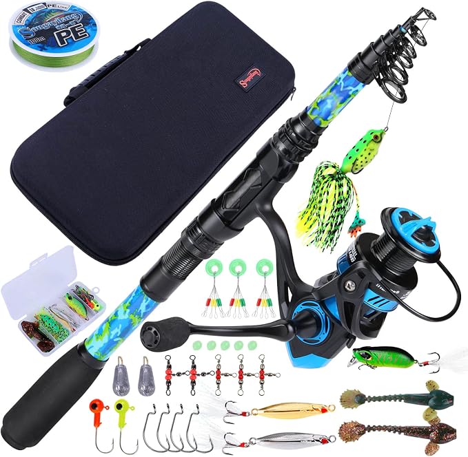 Sougayilang Telescopic Fishing Rod and Reel Combo – Full Kit with Carrier Bag, 11+1 Bearings Spinning Reel, Carbon Fiber Travel Pole for Bass, Trout, Catfish, Redfish – Saltwater Freshwater