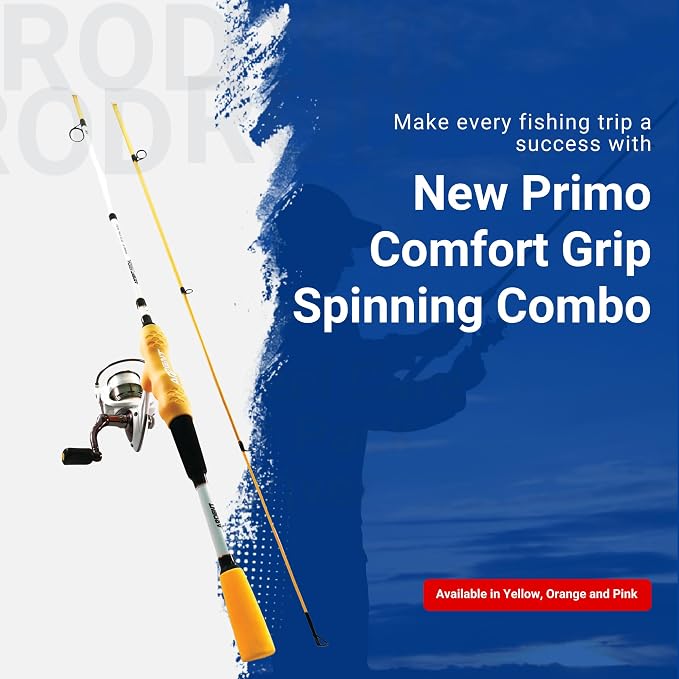 Ardent Primo Comfort Grip Fishing Rod and Reel Combo, Yellow, 5.1:1 Gear Ratio and 4+1 Ball Bearings, 2000 Size Reels, Reduce Hand Fatigue and Irritation, Spinning Pole for Freshwater Fish
