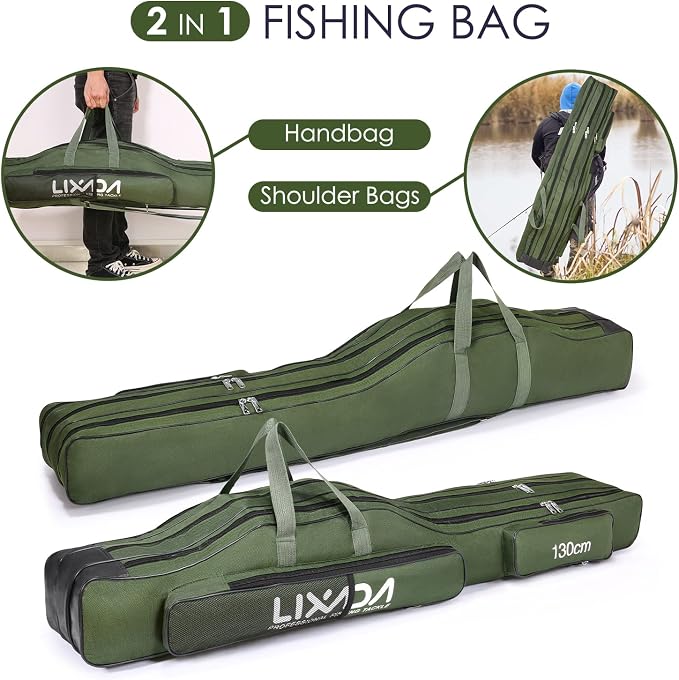 Lixada Fishing Rod Case, 3 Layers Oxford Fishing Rod Bag, Portable Foldable Fishing Pole Bag, Fishing Rod Carrier Fishing Tackle Storage Bag Travel Carry for Fishing Gear & Equipment