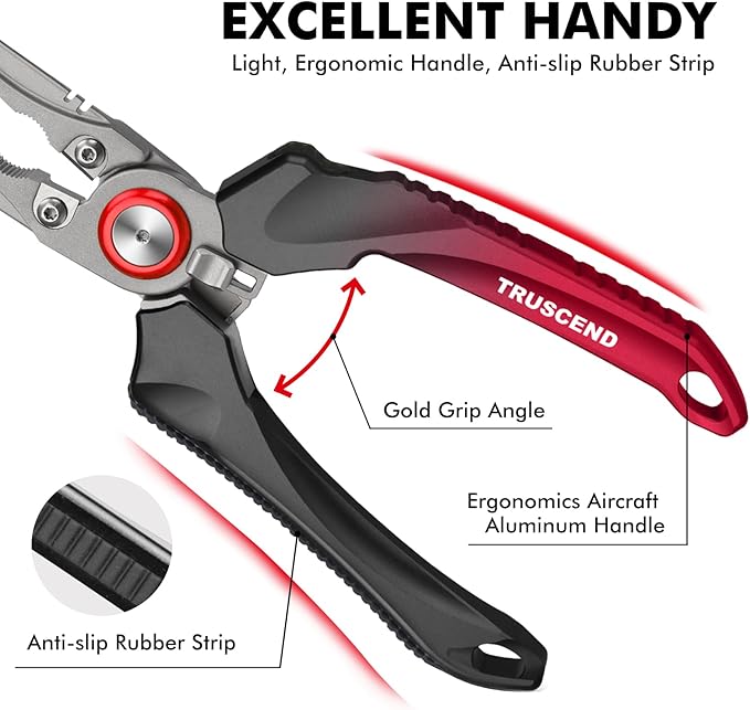 TRUSCEND Easy Use Lockable Fishing Pliers with Tungsten Carbide Cutter, Innovative Ergonomic Handy Handle, Saltwater Corrosion Resistant Teflon Coated Fishing Tool, Light Multi-Function Fishing Gear