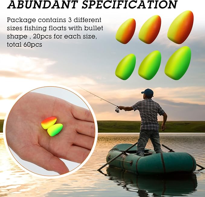 Skylety 60 Pieces Foam Floats Bullet Fishing Foam Snell Floats Pompano Rigs Oval Fly Fishing Strike Indicators for Trout Catfish Walleye