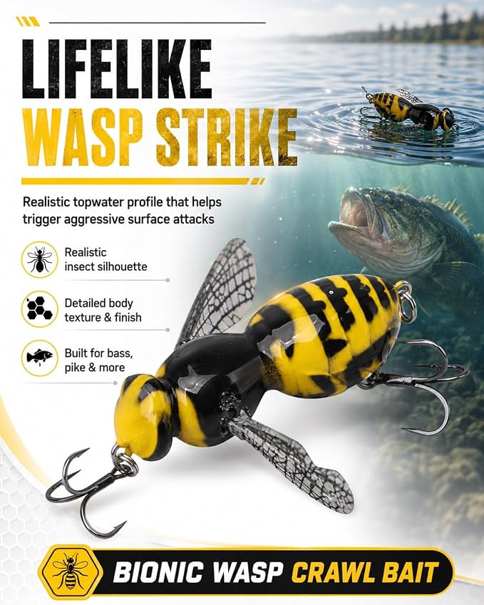 2026 New Bionic Wasp Crawl Bait-Topwater Micro Fishing Lure with Acoustic Noise Steel Balls for Bass & Pike Professional Anglers,Realistic Freshwater and Saltwater-W/Carbon Steel