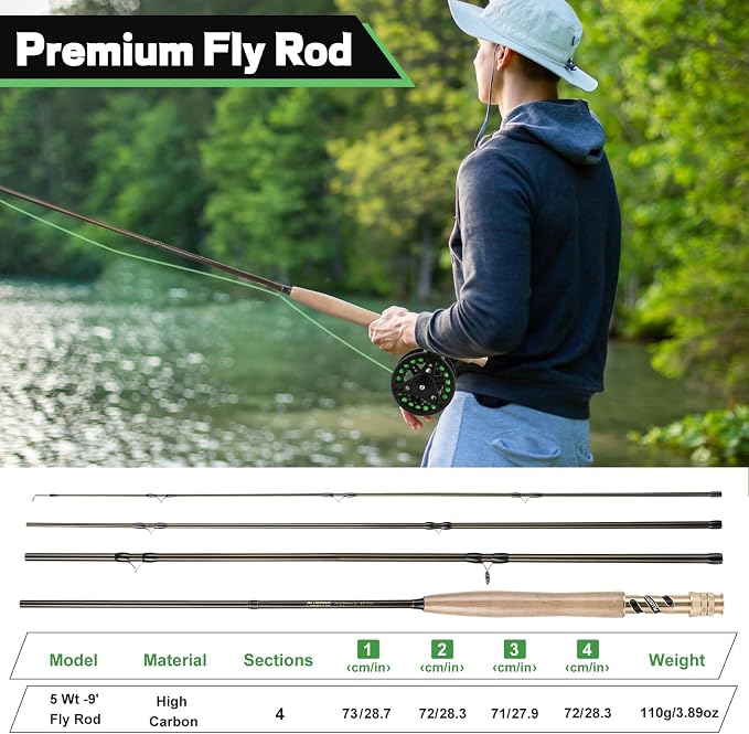PLUSINNO Fly Fishing Rod and Reel Combo, 4 Piece Lightweight Ultra-Portable Graphite Fly Rod 5/6 Complete Starter Package with Carrier Bag