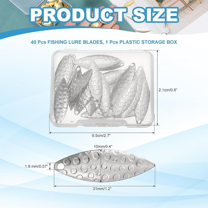 PATIKIL Fishing Lure Blades, Round Fishing Spinner Baits Willowleaf Lure Spinner Lure Making Part with Plastic Storage Box for Bait Fishing Accessories