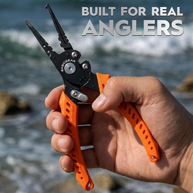 BasicGear Fishing Pliers, 17-4 PH Stainless Steel Saltwater Pliers, Braid Cutter, Split Ring Tool, Corrosion Resistant, One-Hand Operation (7.5" Standard (All-Purpose) - Black)