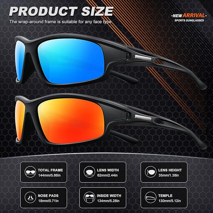 Polarized Sports Sunglasses for Men 100% UV Protection Wrap Around Unbreakable Sun Glasses for Fishing Driving