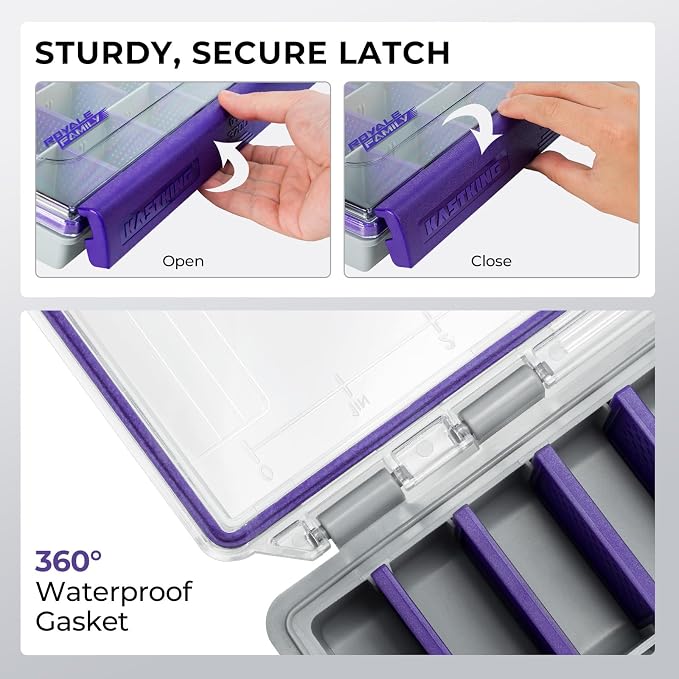 KastKing HyperSeal Waterproof Tackle Box, 3600 and 3700 Tackle Trays, Fishing Tackle Box Organizer with Removable Dividers, Lure Box and Terminal Tackle Storage,Purple