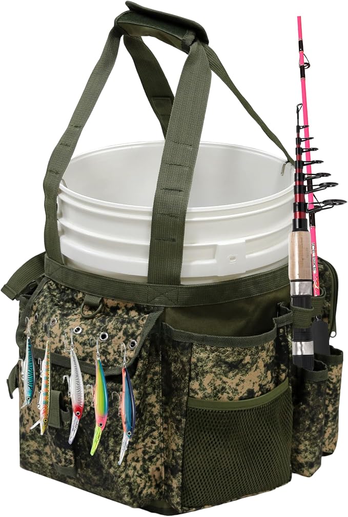 MYDAYS Fishing Bucket Organizer, Fishing Tackle Bag for Men, Rod and Tackle Boxes Holder Bag with Adjustable Buckle, Bucket Not Included (Green Camo)