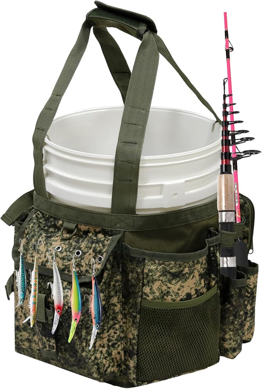 MYDAYS Fishing Bucket Organizer, Fishing Tackle Bag for Men, Rod and Tackle Boxes Holder Bag with Adjustable Buckle, Bucket Not Included (Green Camo)