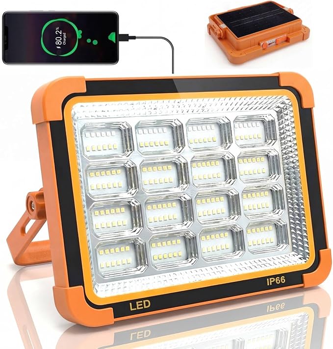 120W Solar Rechargeable Work Light, 192 LED 10000LM Portable Flood Light with Stand，LED Work Light with 5 Modes，IP66 Waterproof Outdoor Light for Mechanic Camping Fishing Repair (1)