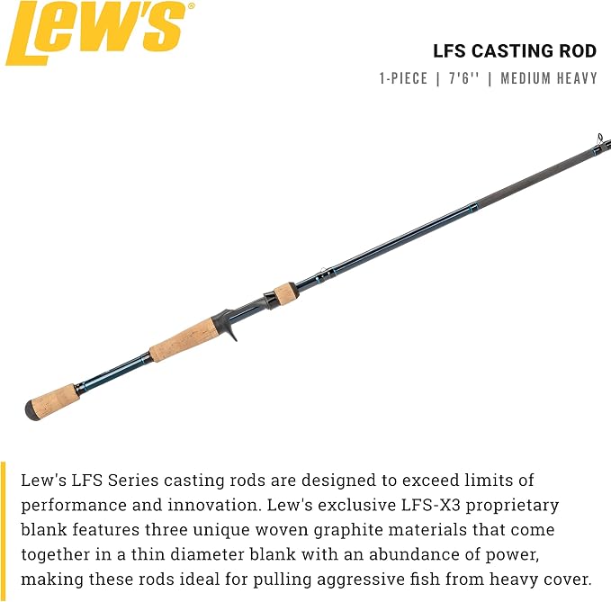 Lew's LFS Casting Fishing Rod, LFS-X3 Blank, Cork Split-Grip, Fuji Concept O Guides, Full Contact Reel Seat, Blue/Black