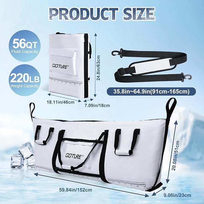 Goture Insulated Fish Cooler Bag, 500D PVC Leakproof Fishing Kill Bag, Portable Waterproof Fish Bags with Carry Handle and Strap, Large Fishing Cooler Bags with Drain Plug, 59.84”x 20.08”x 9.06”