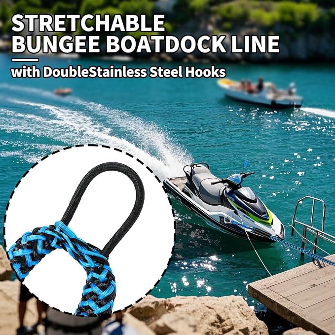 4-5.5ft, Bungee Dock Line with Stainless Steel Clip Safe Boat Rope Mooring String with Foam Float for Pontoon, Boat Accessories, Sea Doo,2 Pack (Blue&Black)