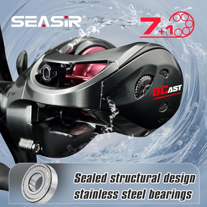 SEASIR DCast Baitcaster Reel, Digital Control Fishing Reel, Ultralight Baitcasting Reel, Freshwater Saltwater, 6.7oz, Max Drag 18.5LB, 7.3:1, 7+1 BB, Carbon Fiber Washer, Grey & Red