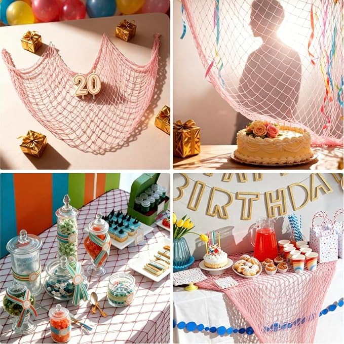 2 Pack Decor Fish Net for Party, 5x10 ft Large Pink Decorative Fishing Net for Mermaid, Ocean, Beach, Under The Sea Themed Parties, Hanging Plush Toys, Picture Display, Tables Runner & Balloon Stand