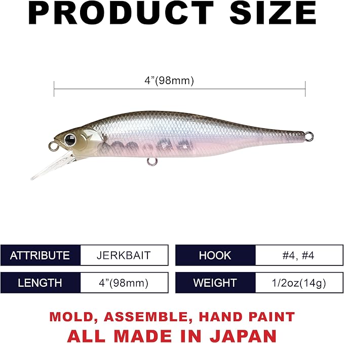LUCKY CRAFT Lightning Pointer 98XR, Freshwater Bass Fishing Lures and Walleye Fishing Lures, 4" Slow Sinking Jerkbait, 6-7ft Depth, Largemouth Smallmouth, Tournament Fishing Gear