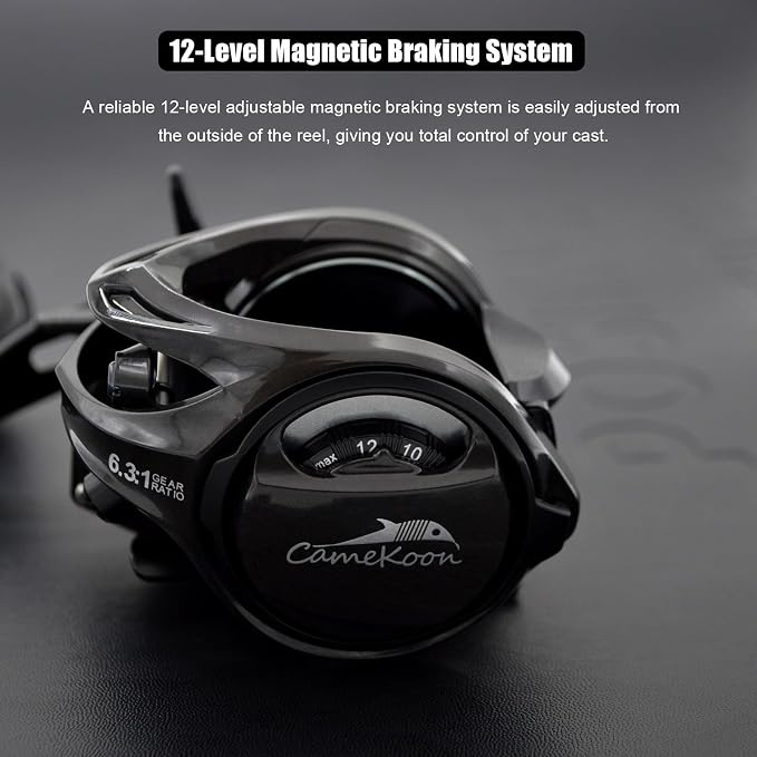 Carbon 300 Baitcasting Fishing Reel, High Line Capacity Baitcaster Reels, 6.3:1 Gear Ratio, 10+1 Stainless Steel Ball Bearings, 10 Button Magnetic Brakes, Carbon Fiber Frame and Side Covers