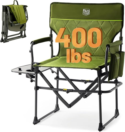 Timber Ridge Aluminum Camping Directors Chair with Side Table Pocket, Portable Folding Chair, Heavy Duty Lawn Chair for Fishing Trip Picnic Concert Outdoor 400lbs, Green