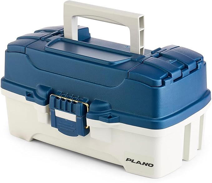 Plano One-Tray Tackle Box, Blue/White, Rust-Proof Brass Latch, Top-Access Tray with Deep Storage, Made in the USA, Portable Fishing Gear Storage Organizer
