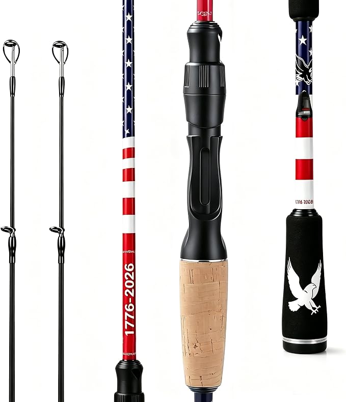 6FT Carbon Fiber Fishing Rod, Twin-Tip Design with American Flag for USA 250th Anniversary, Cork/EVA Handle, 2-Piece Spinning & Casting Rod for Freshwater Bass