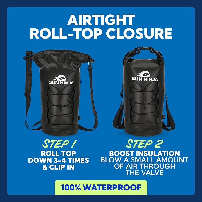 Sun Ninja Floating Dry Bag Cooler – Roll Top Leak Proof Closure, Collapsible, Waterproof Outdoor Cooler with Padded Shoulder Strap - Perfect for Kayaking, Fishing, Beach, Hiking -20L