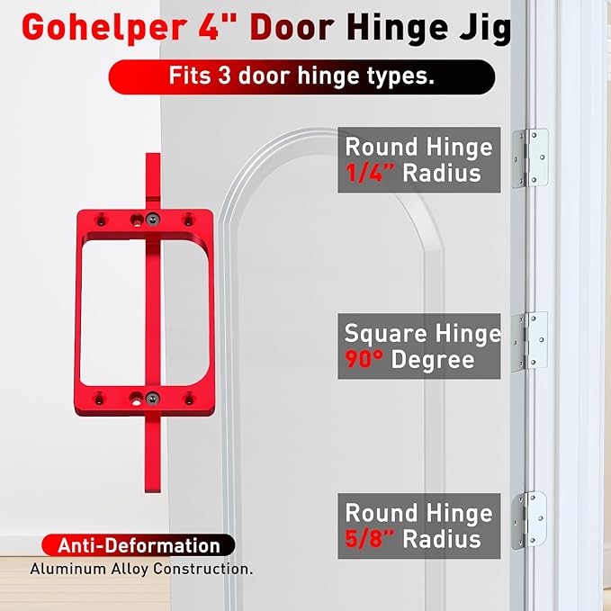 4" Fixed Size Door Hinge Jig for Door and Jamb, Aluminum Alloy Door Hinge Template Kit for Router, Mortise Jig Fits 4" Length 1/4" R, 5/8" R and Square Corner Hinges (4 in)