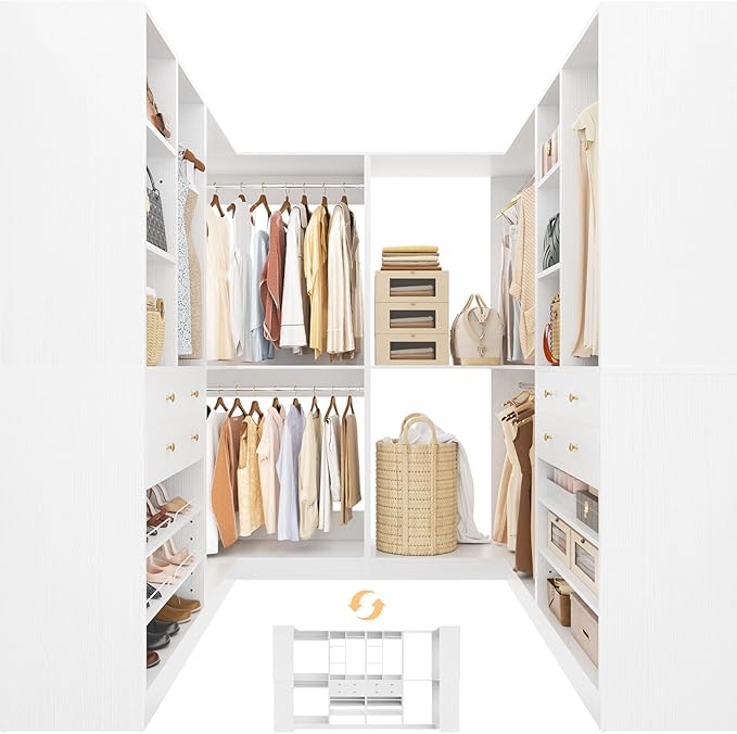 Closet System with 4 Drawers & Corner Tower, Closet Organizer System with 4 Hanging Robs, Reversible U Shaped Walk-in Closet System, Load 2600+LBS Capacity, Set of 4, White