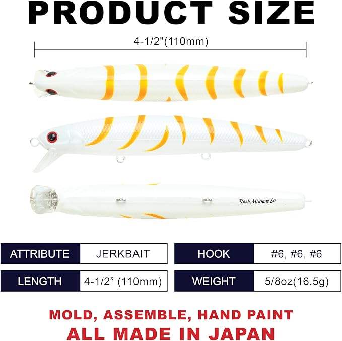 LUCKY CRAFT FlashMinnow 110, Saltwater Fishing Lures, Jerkbait Surf Fishing Accessories and Gear, 1-2 ft Slow Suspending Topwater Lure, Halibut and Bass
