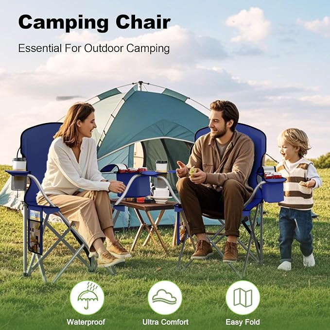VTOY Folding Camping Chairs Durable 600D Oxford, Portable Outdoor Chair with Cooler Pouch, Cup Holder & Storage Pocket for Camping, Beach, Fishing