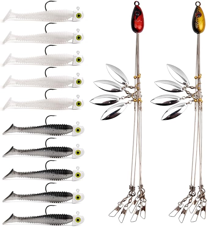 Alabama Rig (A-Rig) Fishing Lures Kit – 2 Rigs, 10 Jig Heads & Swimbaits, Tackle Box for Striper/Bass Fishing