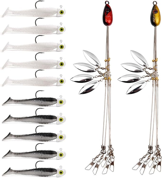 Alabama Rig (A-Rig) Fishing Lures Kit – 2 Rigs, 10 Jig Heads & Swimbaits, Tackle Box for Striper/Bass Fishing