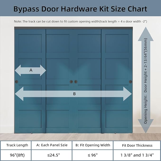 JUBEST 8FT/96" Bypass Door Hardware,Heavy Duty Aluminum Sliding Closet Door Hardware Set with Finger Pulls for 4 Doors System,Sturdiness and Smoothly,Easy to Insatll,Black