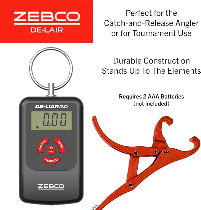Zebco De-Liar 2.0 Digital Fish Scale, 50-Pounds/23-Kilograms Capacity, Compact Design, Durable Construction, Non-Puncturing Clamp-Style Lip Grip, Black/Red