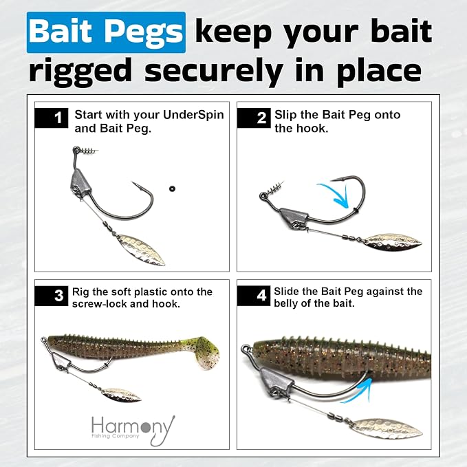 Harmony Fishing - Razor Series Underspin Swimbait Hooks (4 Pack w/ 5 Bait Pegs) - Weighted Weedless Swimmer Hooks with Flashy Willow Spinner Blades