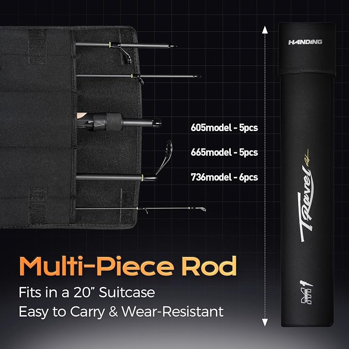 HANDING M1 Travel Fishing Rod, 5/6-Piece Portable Spinning Rod & Baitcaster Rod Medium/Medium Heavy Travel Rod for Largemouth Smallmouth Walleye Pickerel Pike Redfish Striped Bass