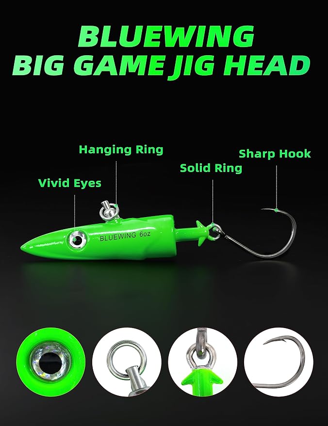 BLUEWING Jig Heads Saltwater 2oz,3oz,4oz,5oz,6oz,7oz Swimming Jigheads 1pc with High Carbon Steel Swing Hook and 6in/9in Replacement Tail Big Game Fishing Lures