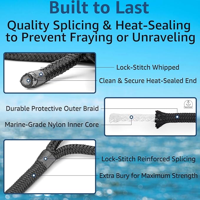 Boat Dock Lines 1/2" x 15' - Double Braided Nylon Boat Ropes for Docking with 12" Loop, Marine-Grade High Strength Boat Lines Dock Rope, Premium Marine Rope Mooring Lines, Easy Handling - 4 Pack,Black