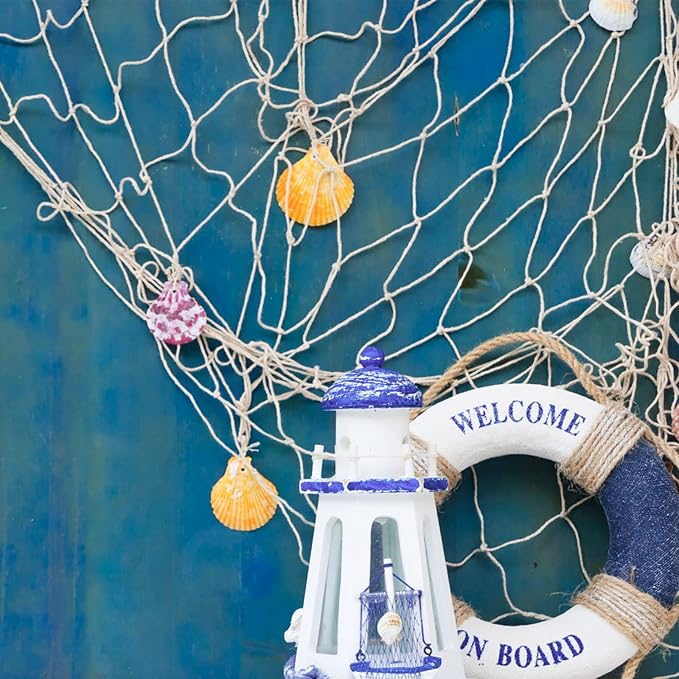 12 Pieces Natural Fish Net Decoration 80" x 40", Wall Hanging Cotton Fishnet Decor for Underwater, Mermaid, Pirate, Hawaiian, Nautical Ocean Theme Beach Bash Party Decoration (Beige, Blue, Pink, Aqua)