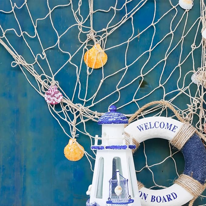 12 Pieces Natural Fish Net Decoration 80" x 40", Wall Hanging Cotton Fishnet Decor for Underwater, Mermaid, Pirate, Hawaiian, Nautical Ocean Theme Beach Bash Party Decoration (Beige)