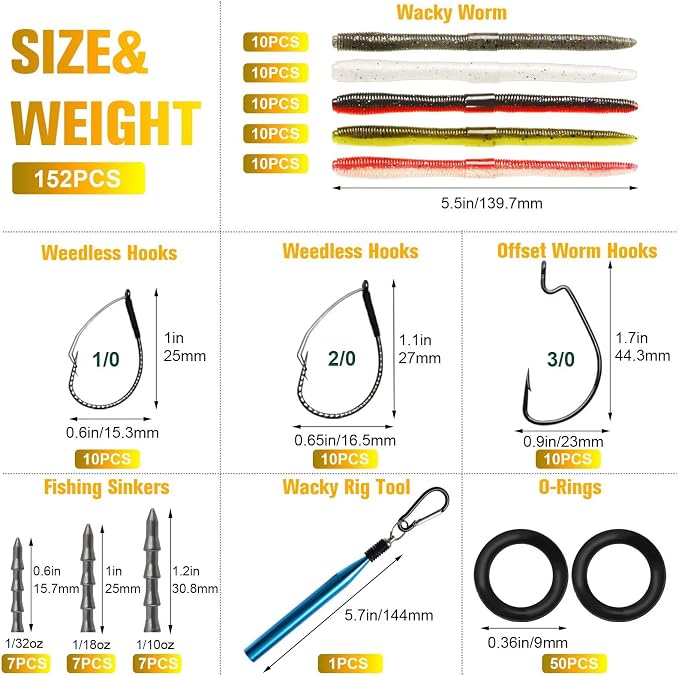 Dovesun Wacky Worm for Bass Trout Fishing Worms Kit with Soft Plastic Baits, Weedless Hooks, Bass Hooks,Weedless Jig Head, Wacky Rig Tool, O-Rings, Weight 152Pcs/131Pcs/50Pcs