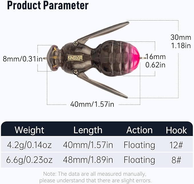 Kingdom Wasp Craw Bait Insect Bionic Floating Fishing Lures Swimbaits Hard Artificial Baits Lure for Freshwater and Saltwater Bass Carp Pike Walleye Fishing ABS Material Carbon Steel Three Book Hook