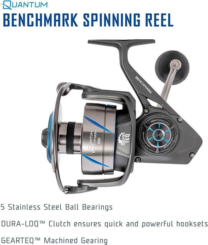 Quantum Benchmark Spinning Fishing Reel, 5+1 Bearings, Aluminum Frame, SEALOQ 6 Protection, GEARTEQ Machined Gears, CFX200 Carbon Fiber Drag, Silver/Blue