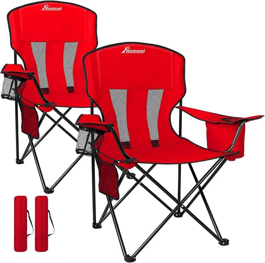 Romswi Portable Camping Chairs Support 400 LBS, Heavy Duty Folding Outdoor Chairs, Folding Chair with 4-Can Cooler Bag for Camping, Fishing, Garden, 2-Pack, Red