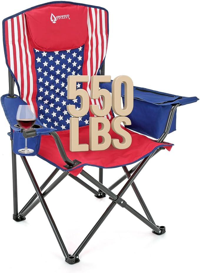 ARROWHEAD OUTDOOR Portable Deluxe Folding Camp Quad Chair w/Headrest, Glass & Cup Holders, Armest 6-can Cooler, Heavy Duty Carry Bag, 550 lbs Weight Capacity