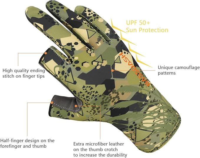 BASSDASH Unisex Fingerless Camo Hunting Gloves for Men's Women's Early Season Warm Weather UPF 50+ Lightweight Fishing Photography HG03