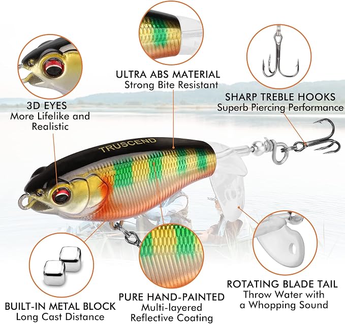 TRUSCEND Popobait Easy Catch Fishing Lures with BKK Hooks, Instant Startup, Longer Cast, Balanced Spray/Sound/Swim, Plopper Topwater Lures for Bass, Trout, Pike, Walleye, Freshwater Saltwater Fishing