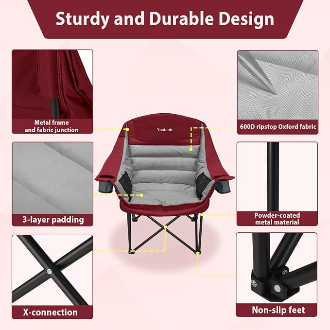 Youtanic Oversized Camping Chair, Portable Folding Camping Chairs with Side Pocket, Cup Holder and Carry Bag, Heavy Duty Outdoor Camping Chairs for Adults, Fishing, Sports, Trip, up to 400lbs, Style 3