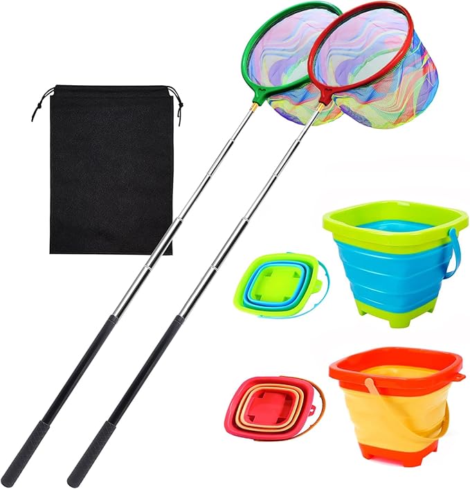 2PCS Fishing Net with Bucket, Telescopic Fishing Landing Net, Collapsible Youth Sand Bucket, Youth Fish Butterfly Catching for Freshwater Saltwater Outdoor Activities